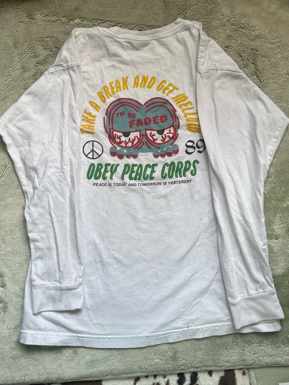 Obey White Long Sleeve Tee with Multicolor Peace Graphic